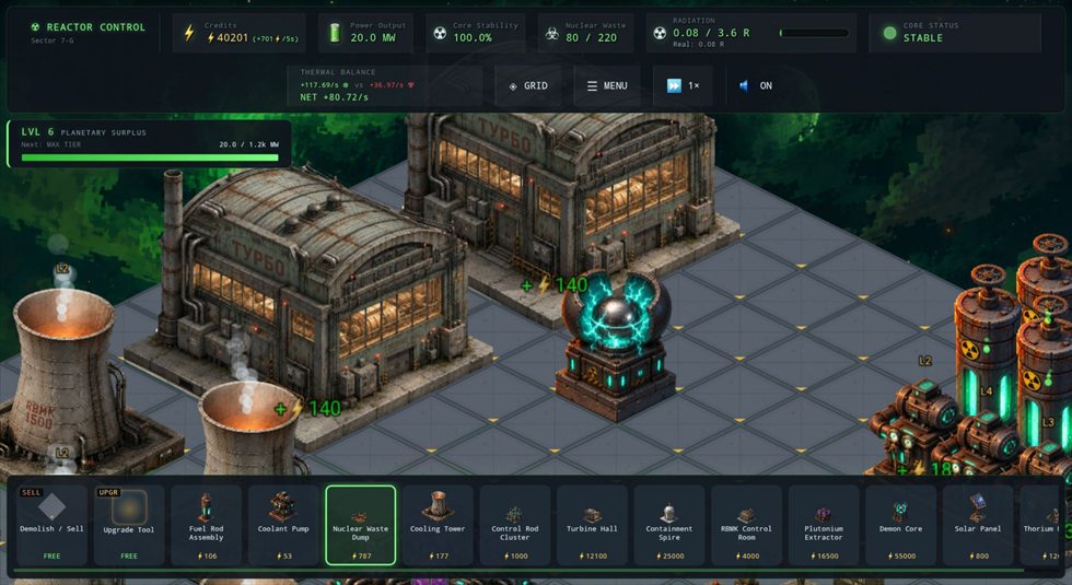 Tablet gameplay screenshot showing an isometric reactor facility grid.